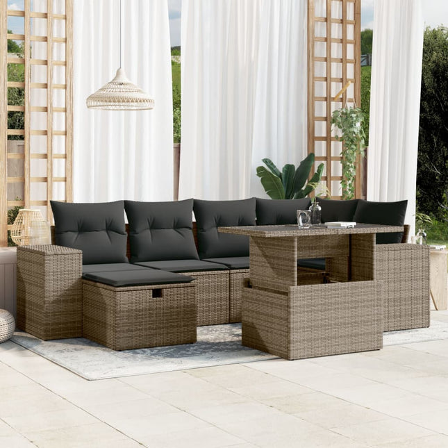 7-delige Loungeset met kussens poly rattan grijs