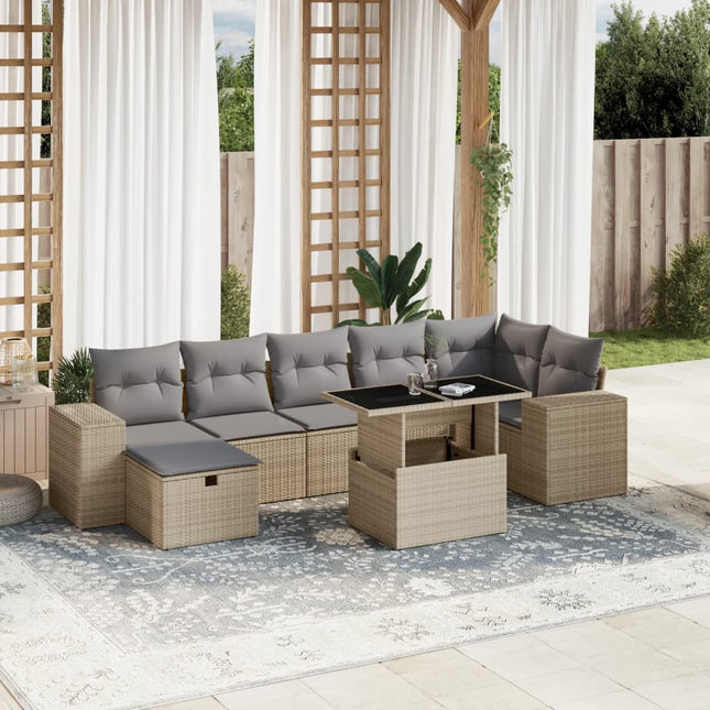 8-delige Loungeset met kussens poly rattan beige