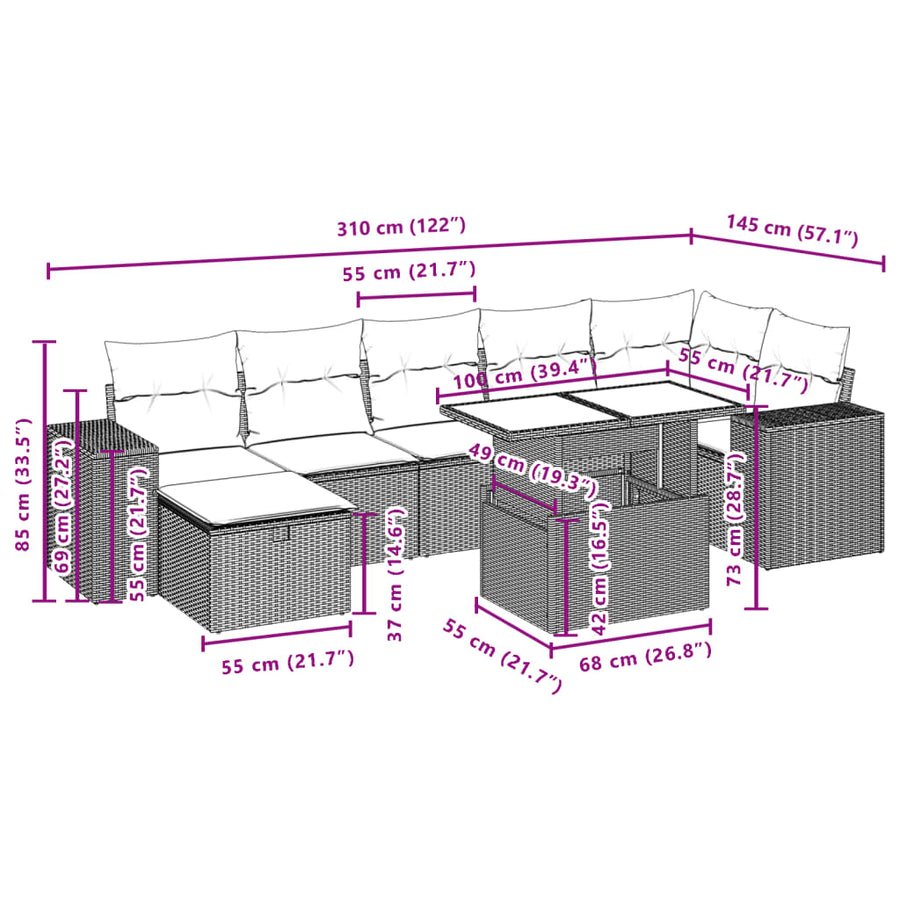 8-delige Loungeset met kussens poly rattan grijs