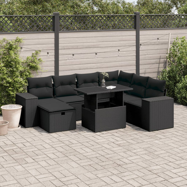 8-delige Loungeset met kussens poly rattan zwart