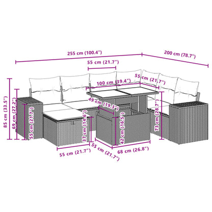 8-delige Loungeset met kussens poly rattan zwart