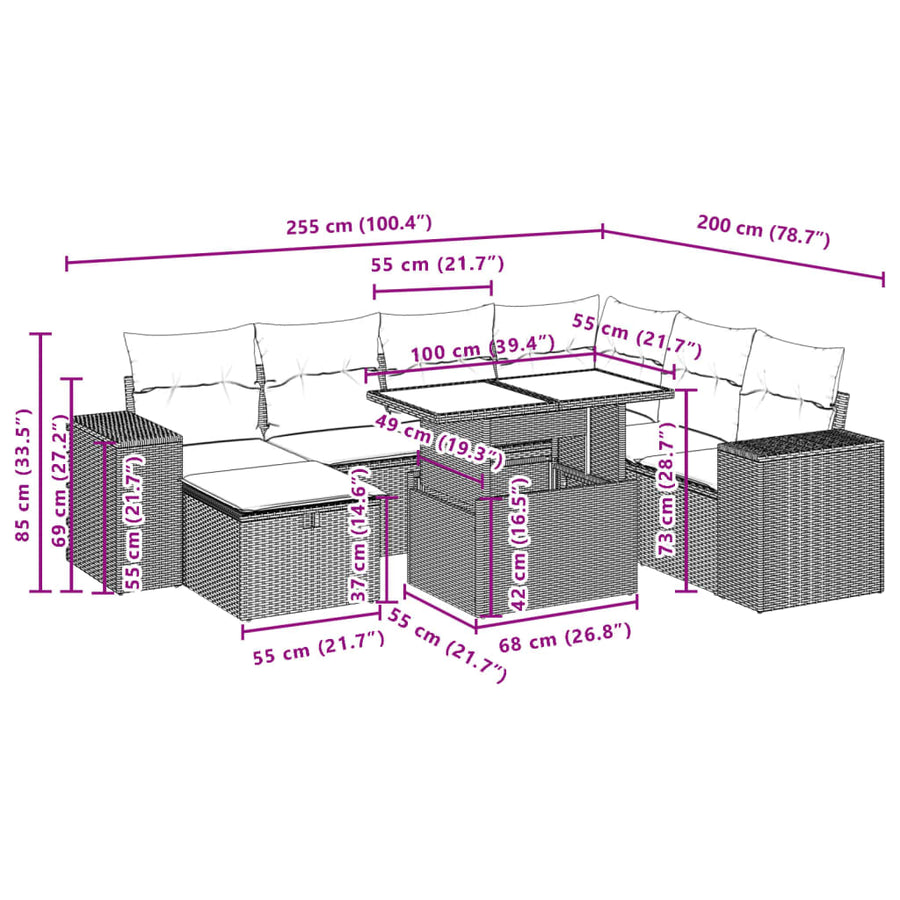 8-delige Loungeset met kussens poly rattan zwart