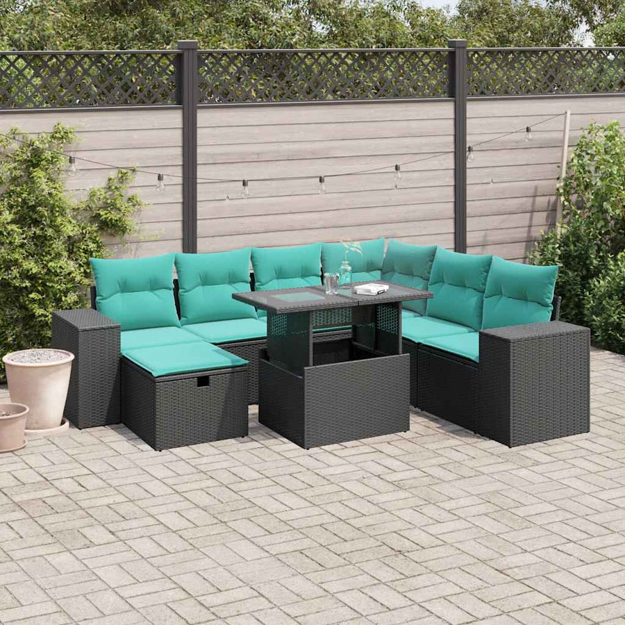 8-delige tuinbankset met kussens, zwart polyrotan