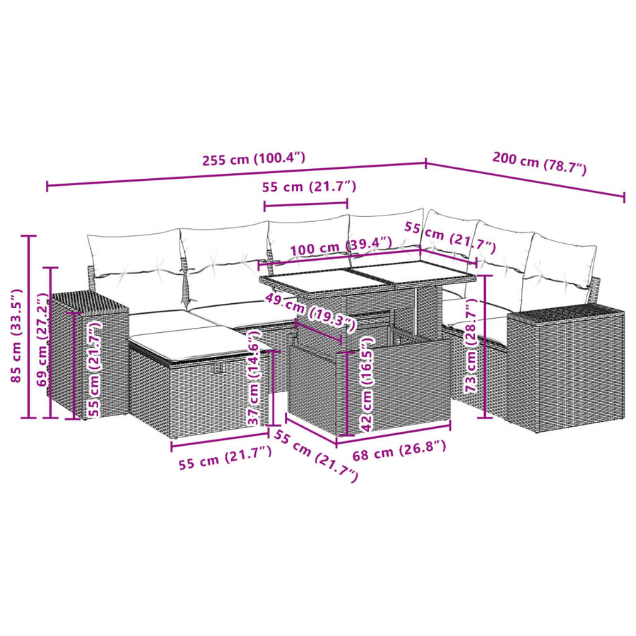8-delige Loungeset met kussens poly rattan grijs