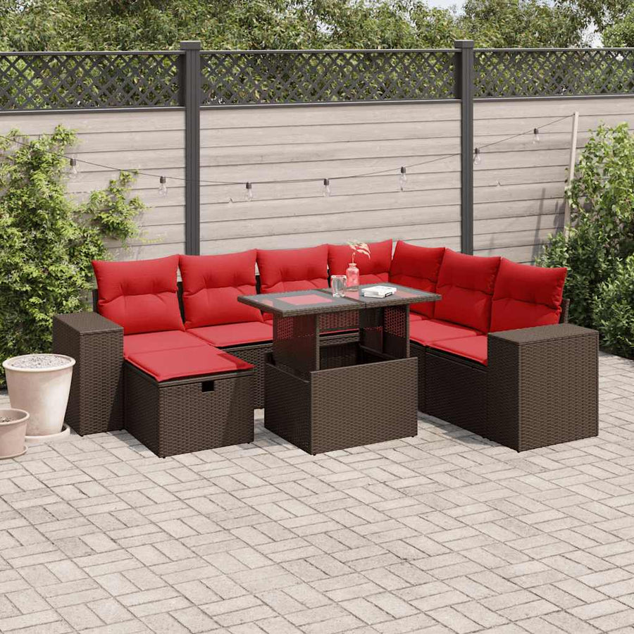 8-delige tuinbankset met kussens, bruin polyrotan