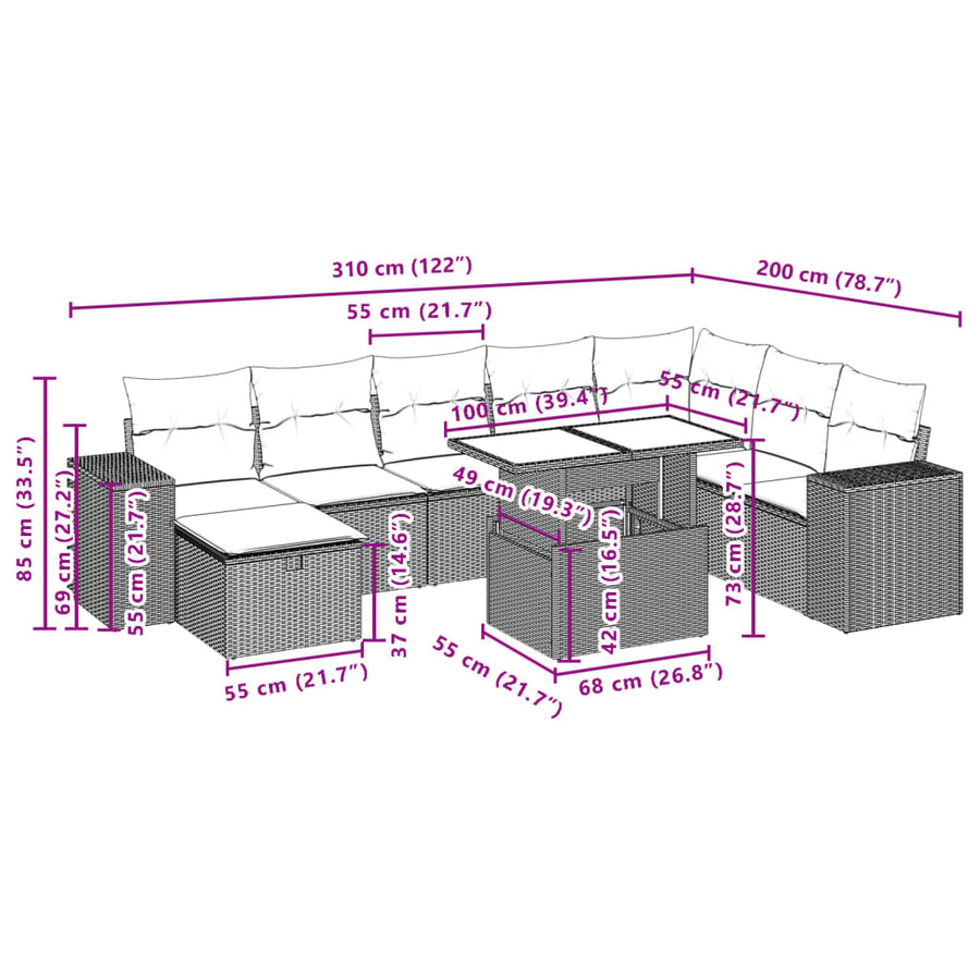 9-delige Loungeset met kussens poly rattan zwart