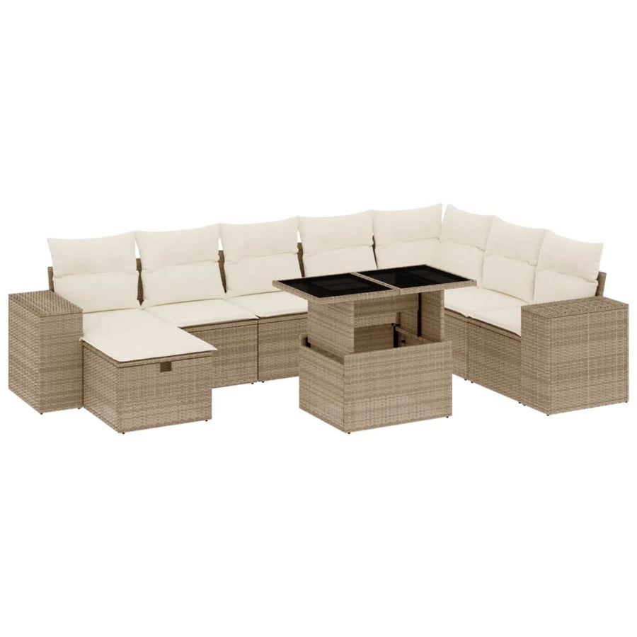 9-delige Loungeset met kussens poly rattan beige