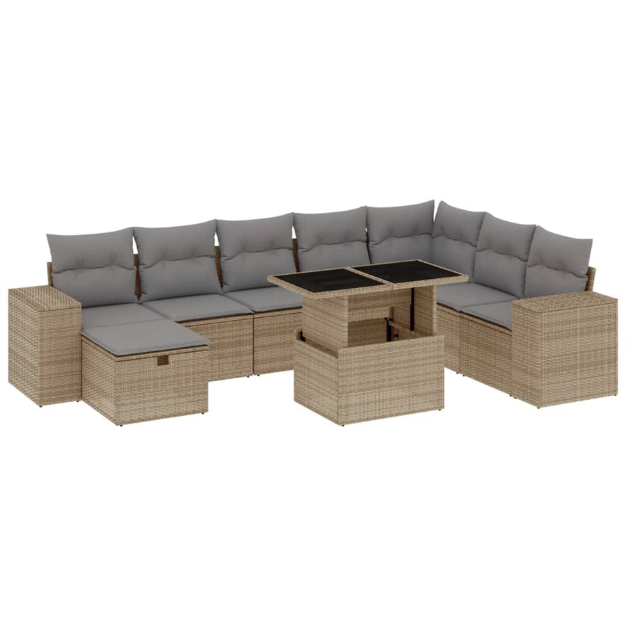 9-delige Loungeset met kussens poly rattan beige