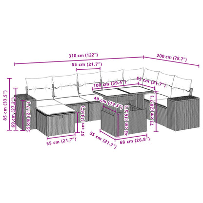 9-delige Loungeset met kussens poly rattan beige