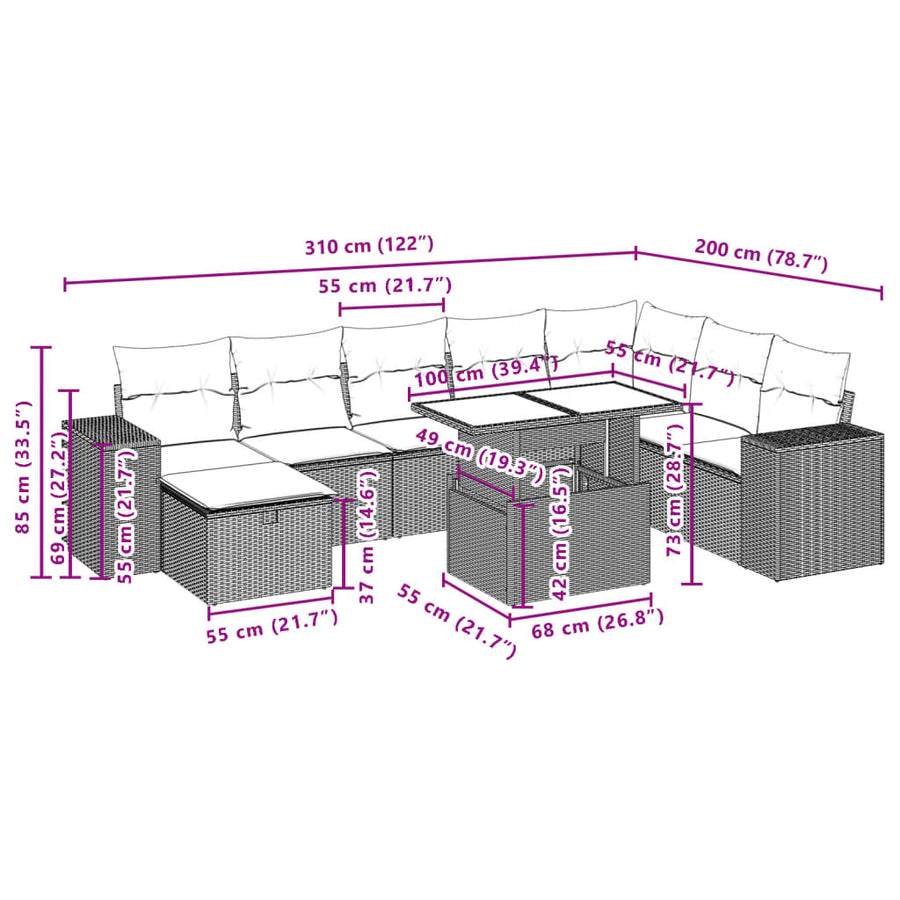 9-delige Loungeset met kussens poly rattan beige