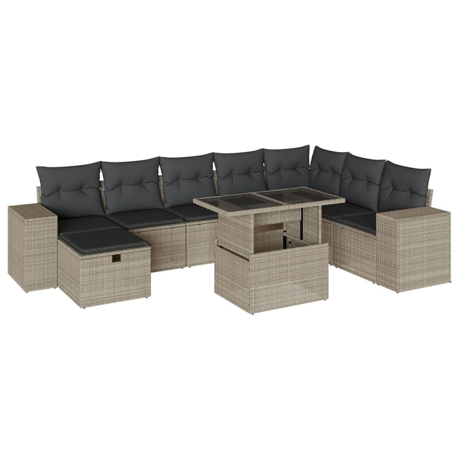 9-delige Loungeset met kussens poly rattan lichtgrijs