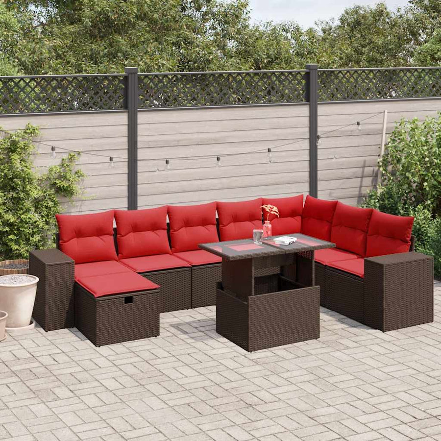 9-delige tuinbankset met kussens, bruin polyrotan