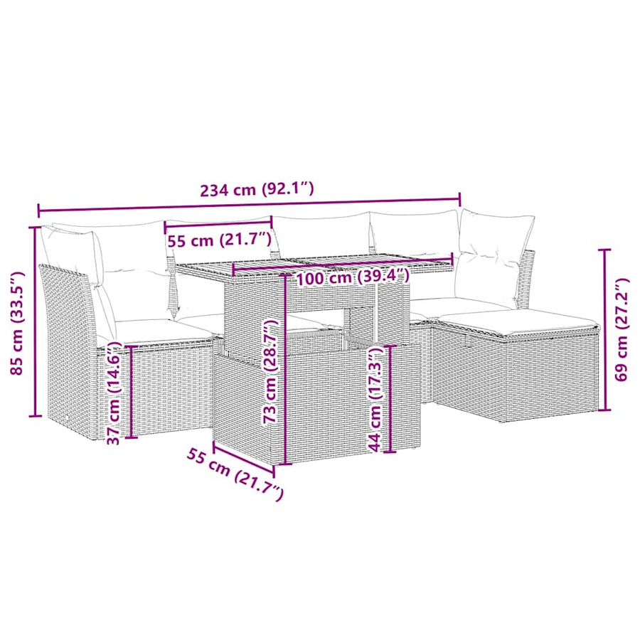 6-delige Loungeset met kussens poly rattan beige
