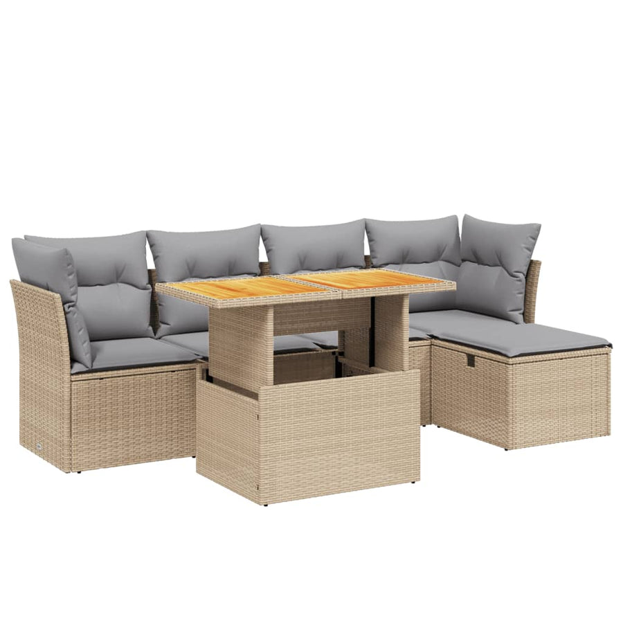 6-delige Loungeset met kussens poly rattan beige