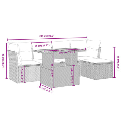6-delige Loungeset met kussens poly rattan grijs