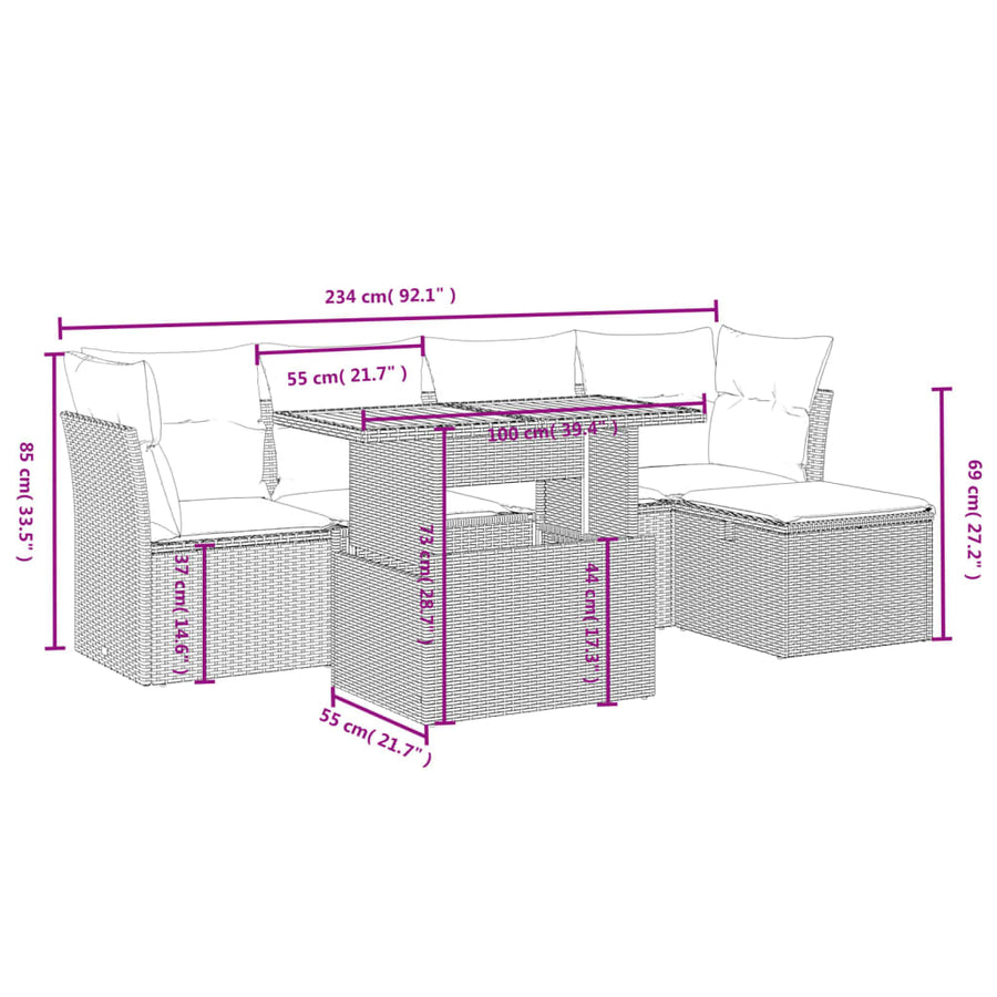 6-delige Loungeset met kussens poly rattan grijs