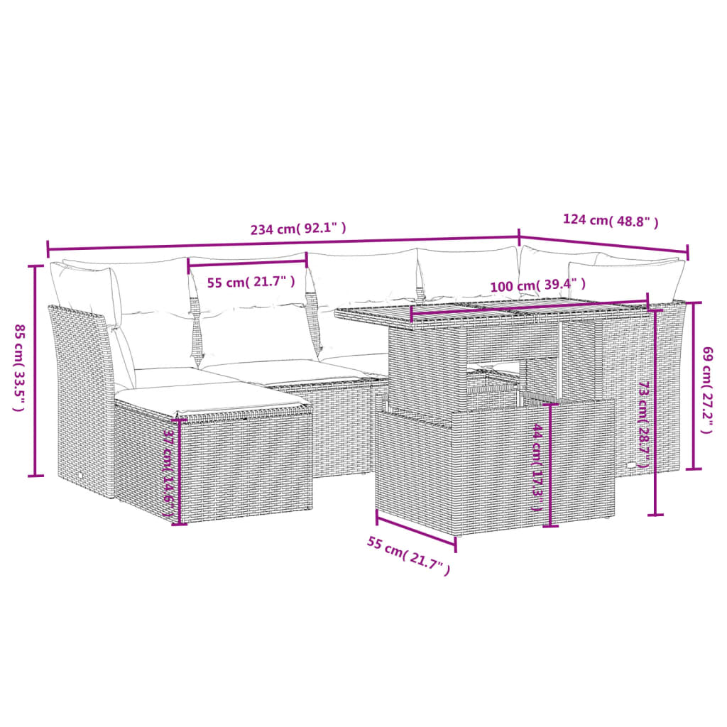 7-delige Loungeset met kussens poly rattan zwart