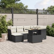 Loungeset 7-delig poly rattan zwart met kussens