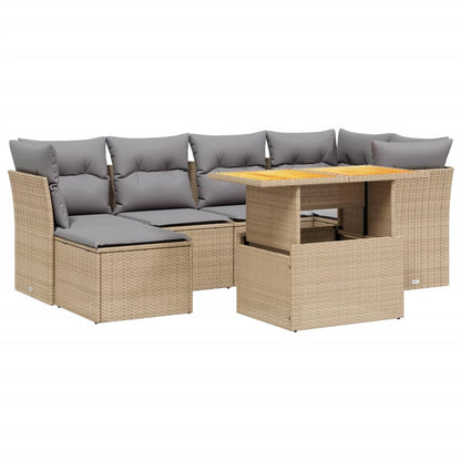 7-delige Loungeset met kussens poly rattan beige
