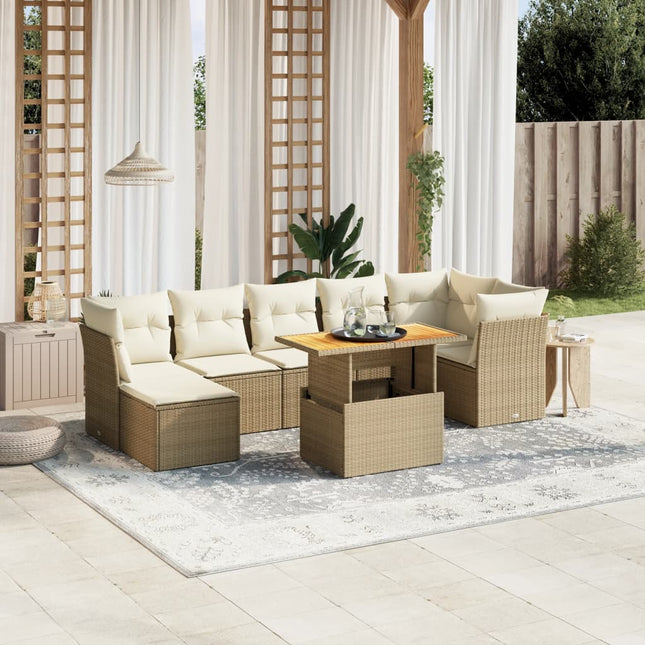 8-delige Loungeset met kussens poly rattan beige