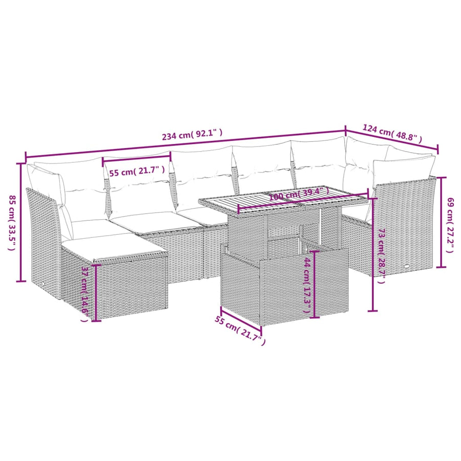 8-delige Loungeset met kussens poly rattan beige