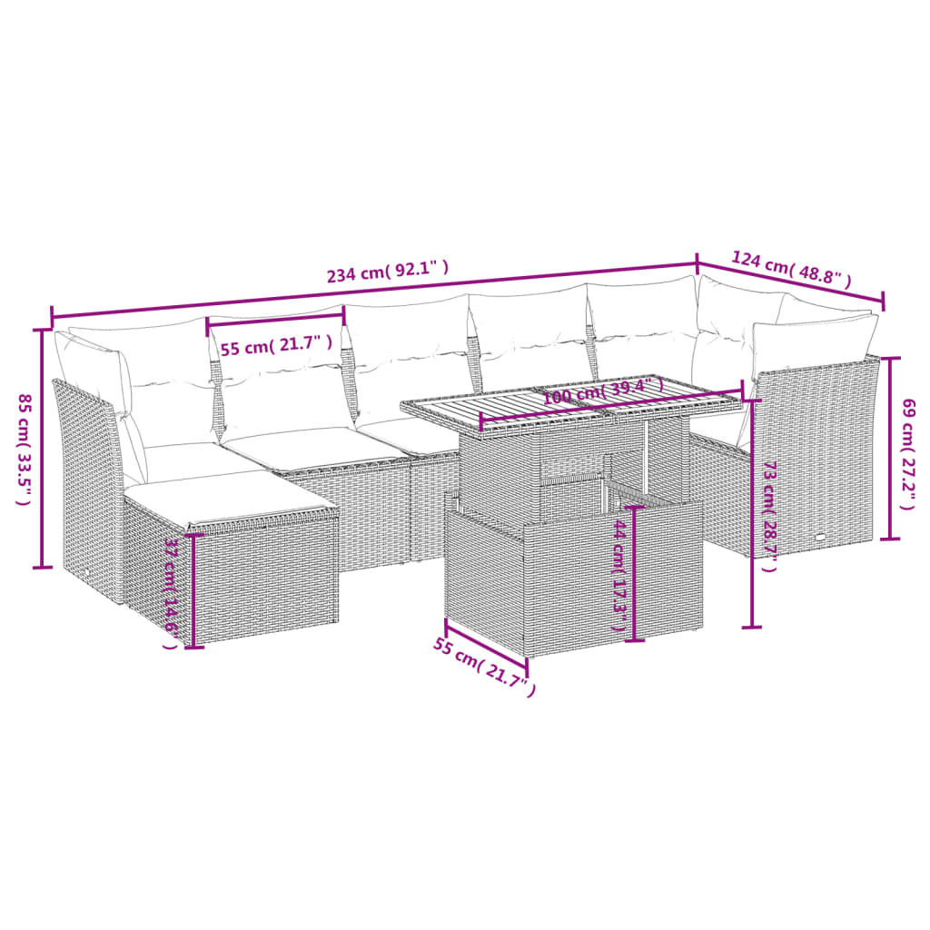 8-delige Loungeset met kussens poly rattan grijs