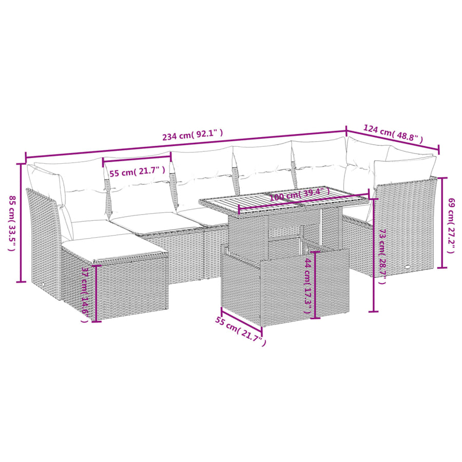 8-delige Loungeset met kussens poly rattan grijs