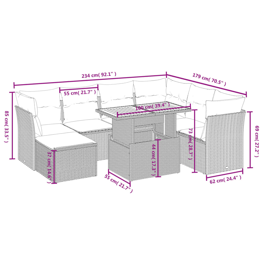 8-delige Loungeset met kussens poly rattan grijs