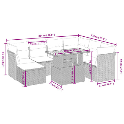 8-delige Loungeset met kussens poly rattan grijs