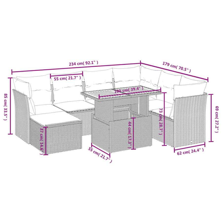 8-delige Loungeset met kussens poly rattan grijs