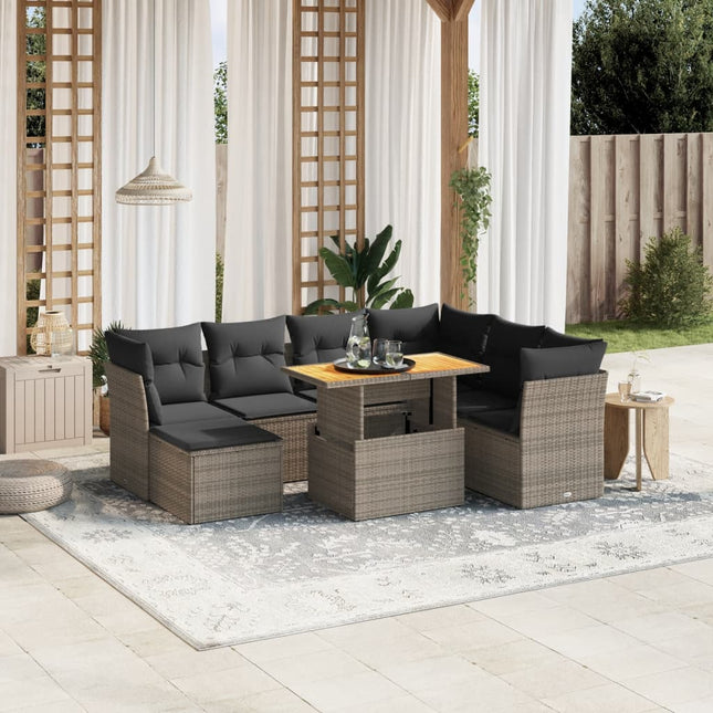 8-delige Loungeset met kussens poly rattan grijs