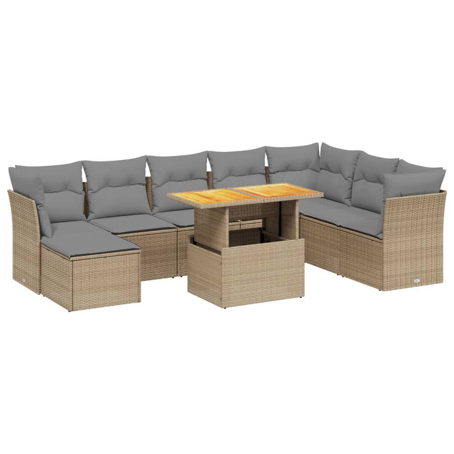 9-delige Loungeset met kussens poly rattan beige
