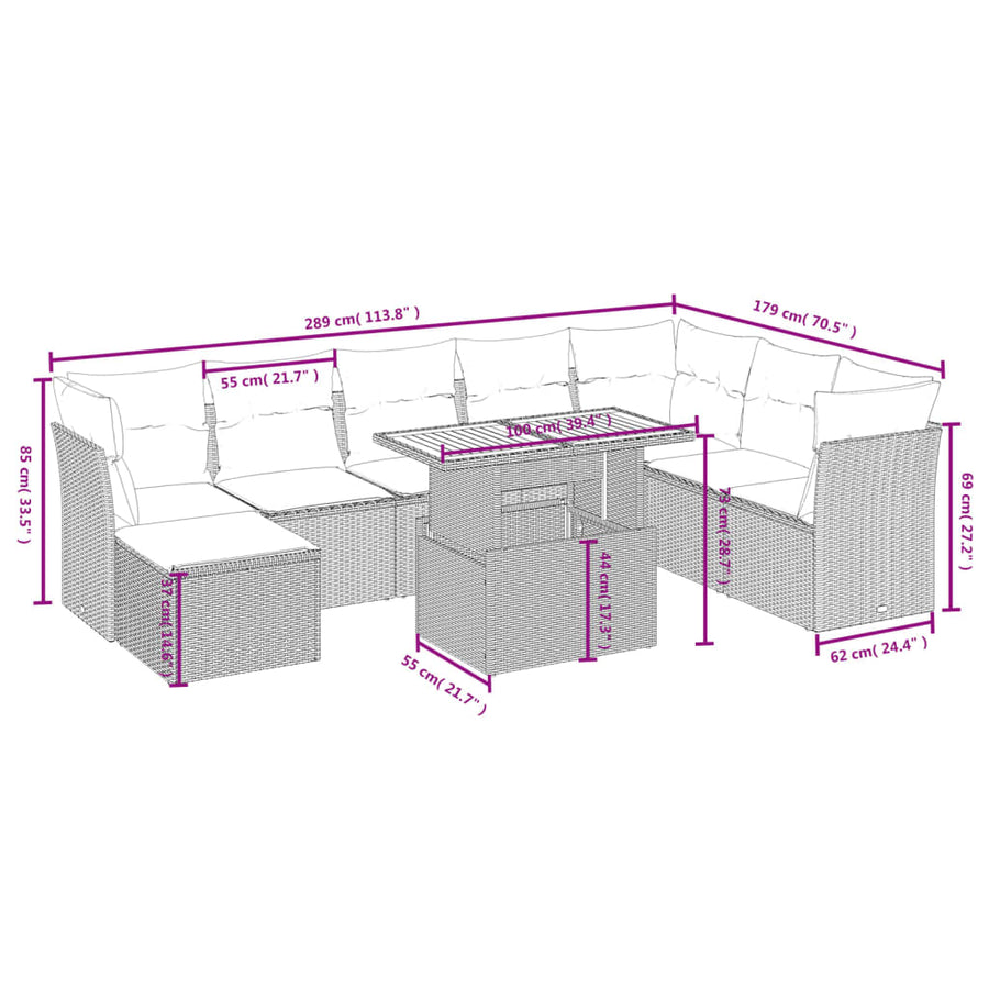 9-delige Loungeset met kussens poly rattan beige