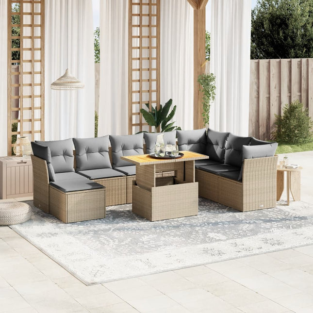 9-delige Loungeset met kussens poly rattan beige