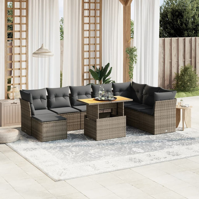 9-delige Loungeset met kussens poly rattan grijs