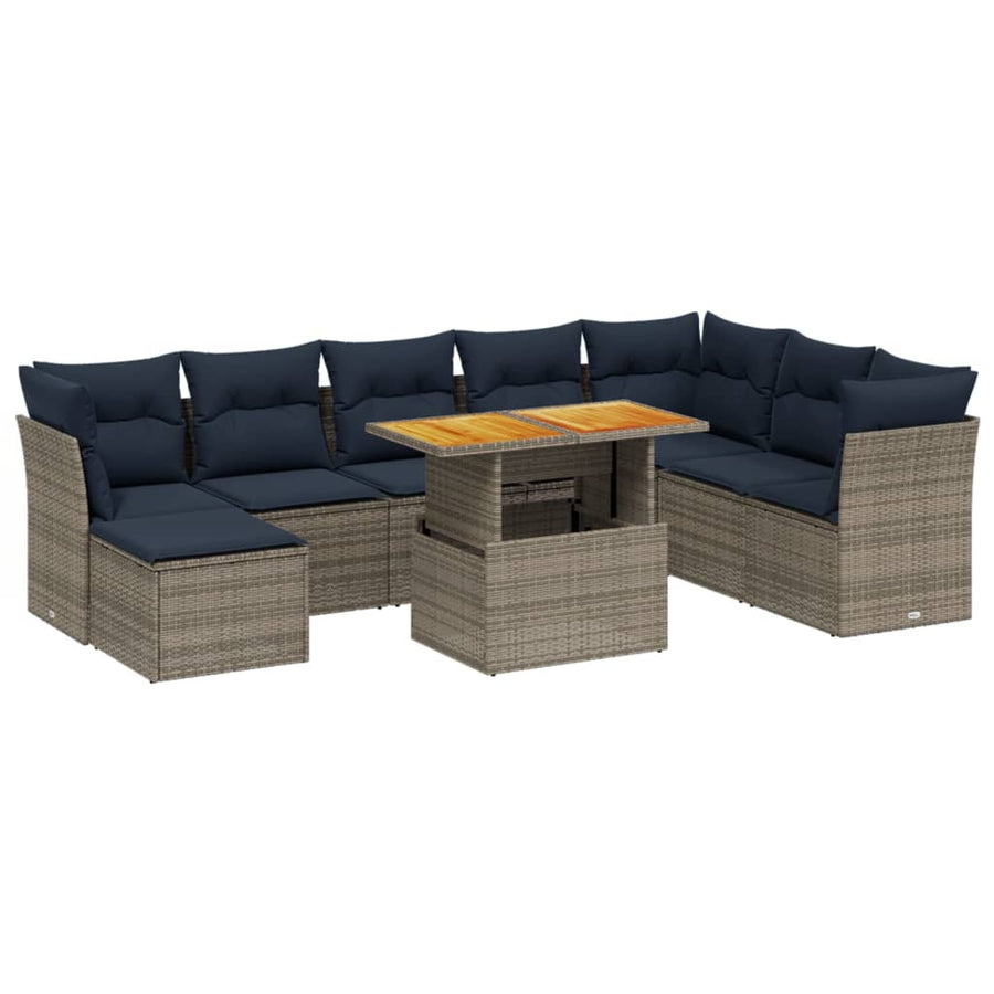 9-delige Loungeset met kussens poly rattan grijs