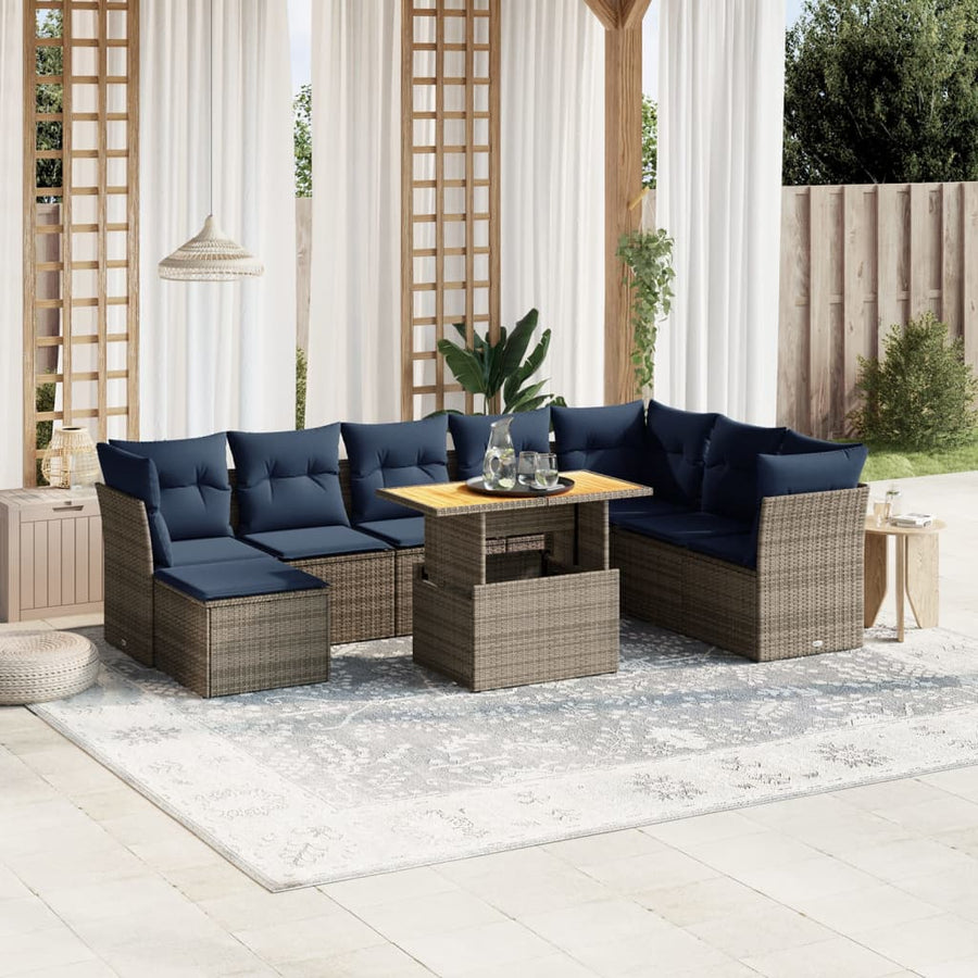 9-delige Loungeset met kussens poly rattan grijs
