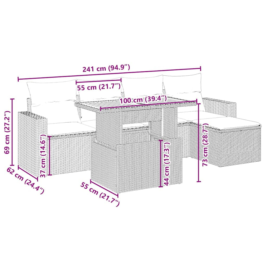 6-delige Loungeset met kussens poly rattan beige
