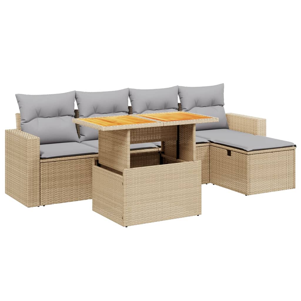 6-delige Loungeset met kussens poly rattan beige