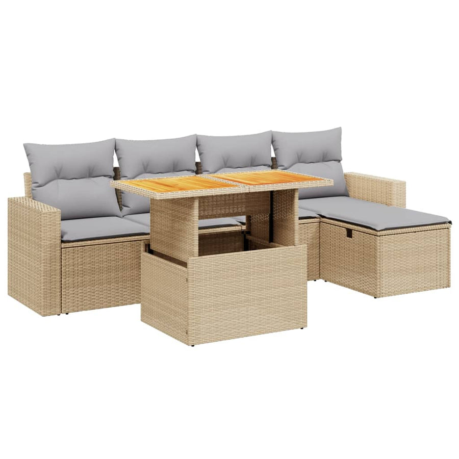 6-delige Loungeset met kussens poly rattan beige