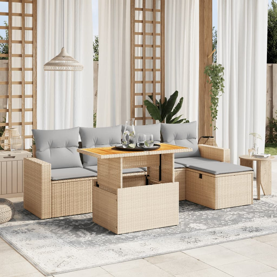 6-delige Loungeset met kussens poly rattan beige