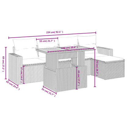 6-delige Loungeset met kussens poly rattan grijs