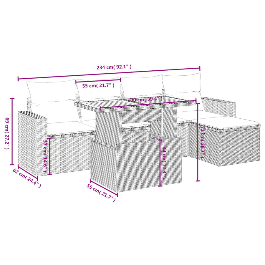 6-delige Loungeset met kussens poly rattan grijs