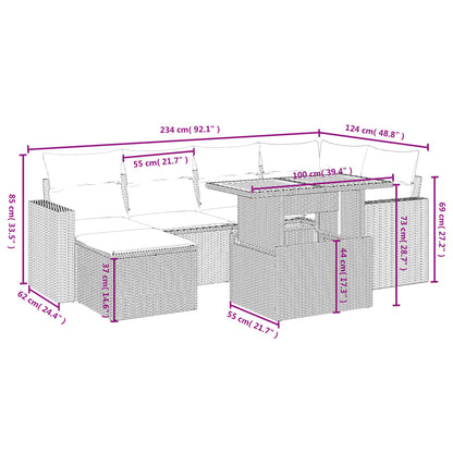 7-delige Loungeset met kussens poly rattan zwart