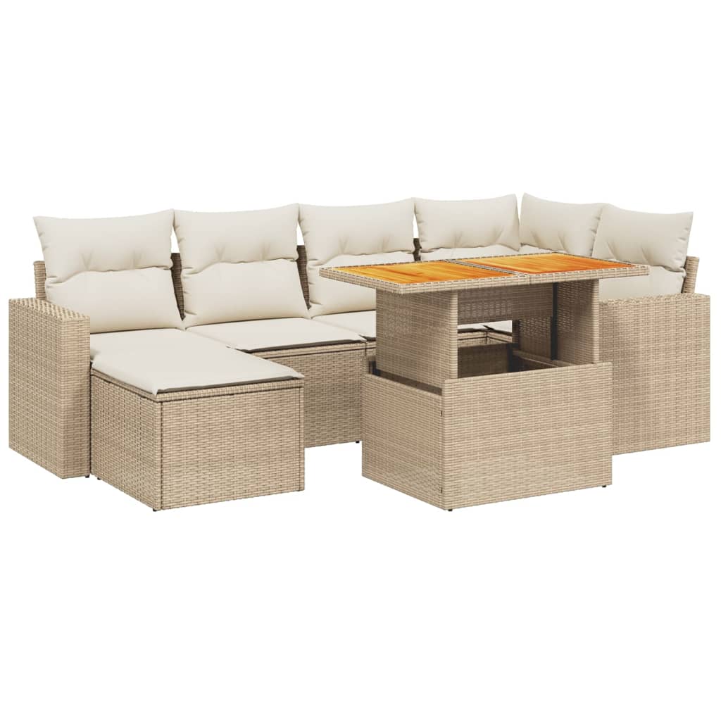 7-delige Loungeset met kussens poly rattan beige