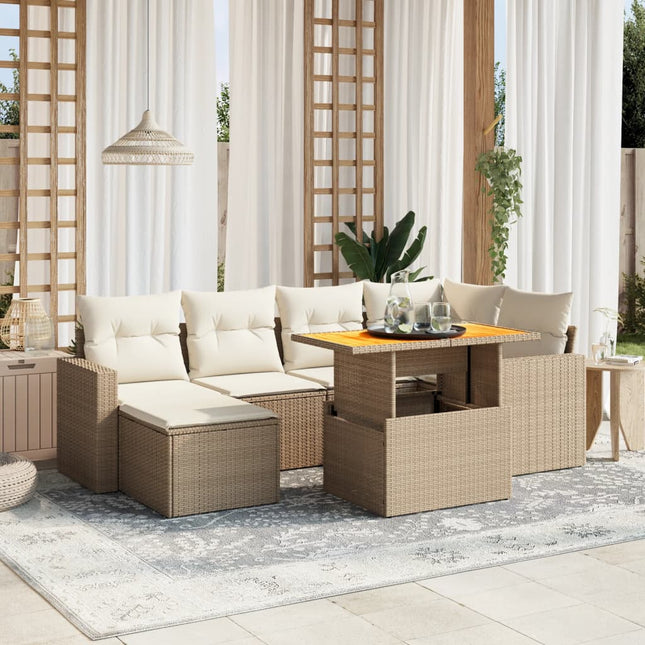 7-delige Loungeset met kussens poly rattan beige