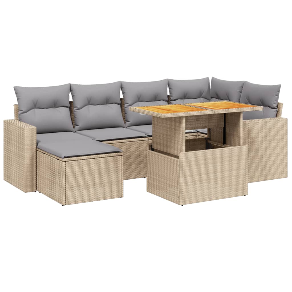 7-delige Loungeset met kussens poly rattan beige