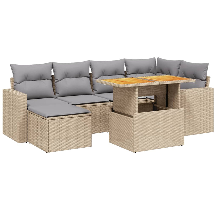 7-delige Loungeset met kussens poly rattan beige