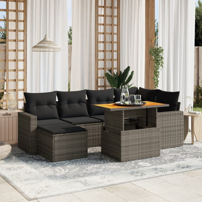 7-delige Loungeset met kussens poly rattan grijs