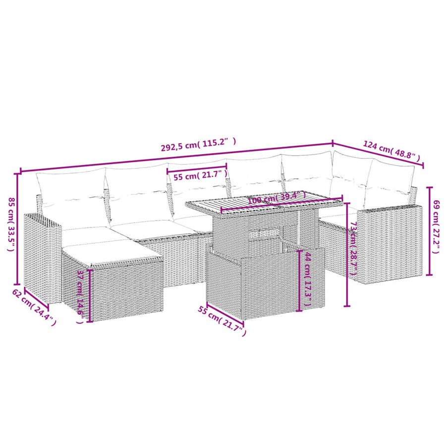 8-delige Loungeset met kussens poly rattan grijs